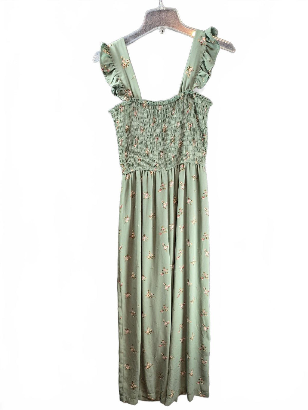 Floral Smocked Bodice Ruffle Strap Wide Leg Jumpsuit Sage Green