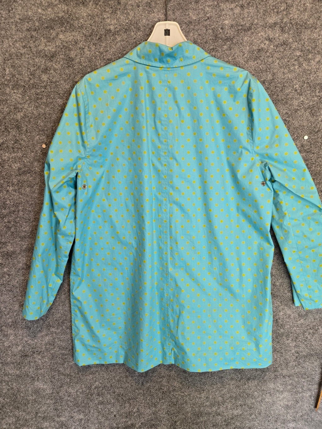 Jones New York Signature Polka Dot Raincoat Aqua Blue Yellow Snap Front Jacket L
