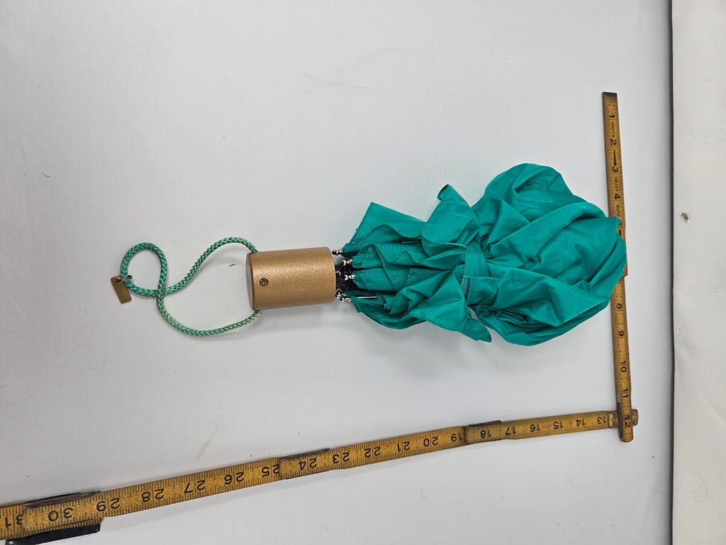 Vintage Teal Green Compact Folding Umbrella Gold Cylindrical Handle Retro Travel