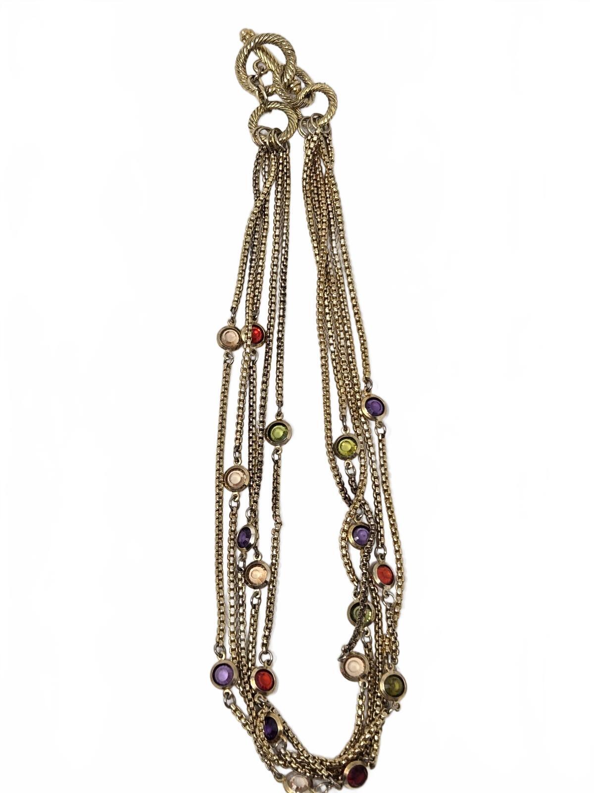 Vintage Gold-Tone Multi-Strand Chain Necklace with Multi-Color Bezel-Set