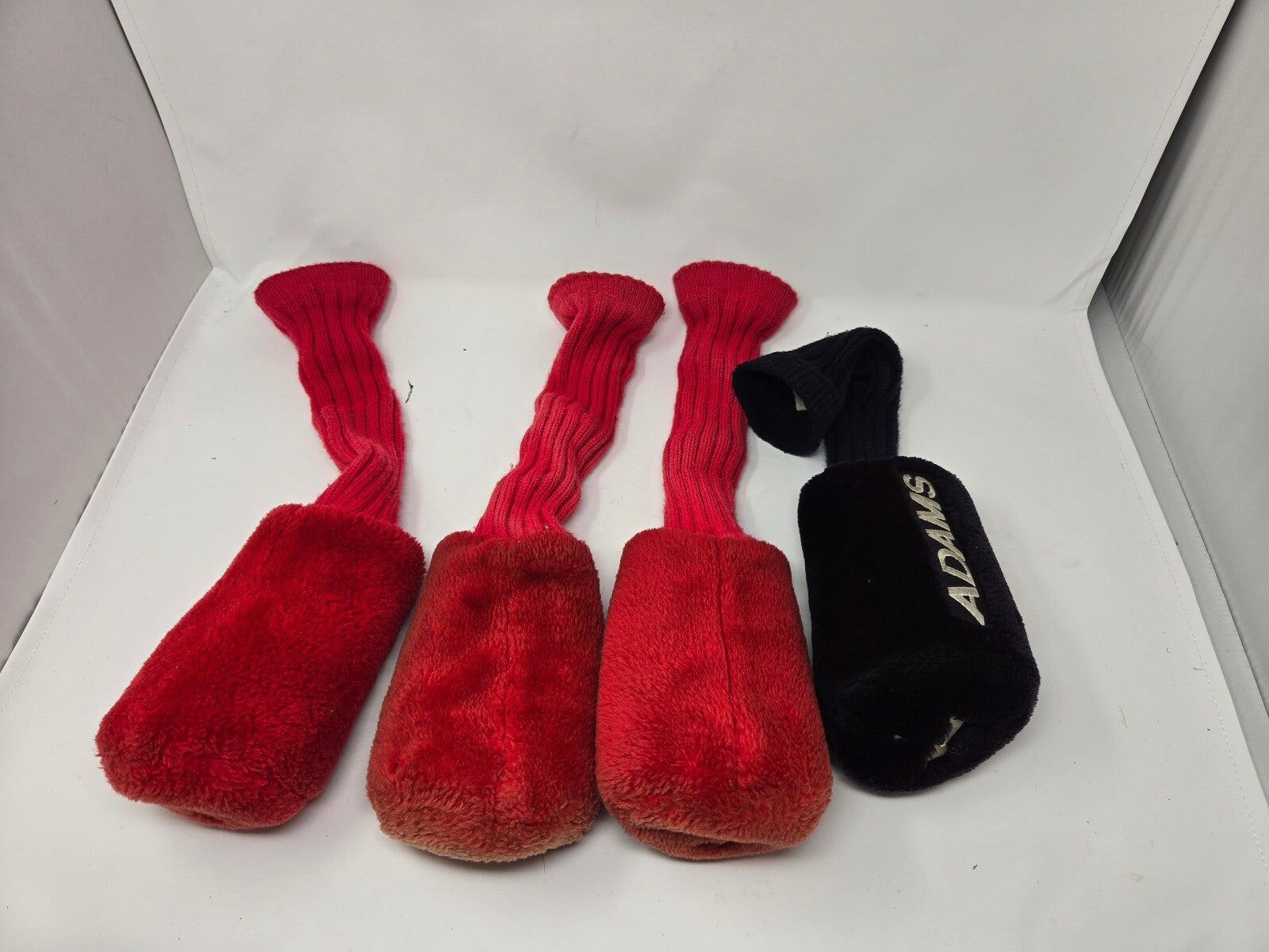 Mixed Lot of 4 Golf Club Headcovers - 3 Vintage Red Fuzzy Pom-Pom Socks & 1 Adam
