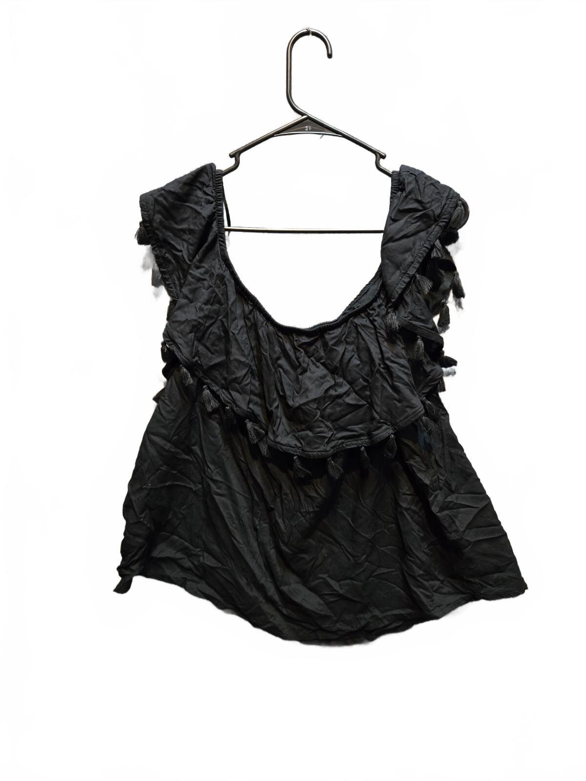 a.n.a Black Boho Ruffle Overlay Flutter Sleeve Blouse Top Tassel Trim XL