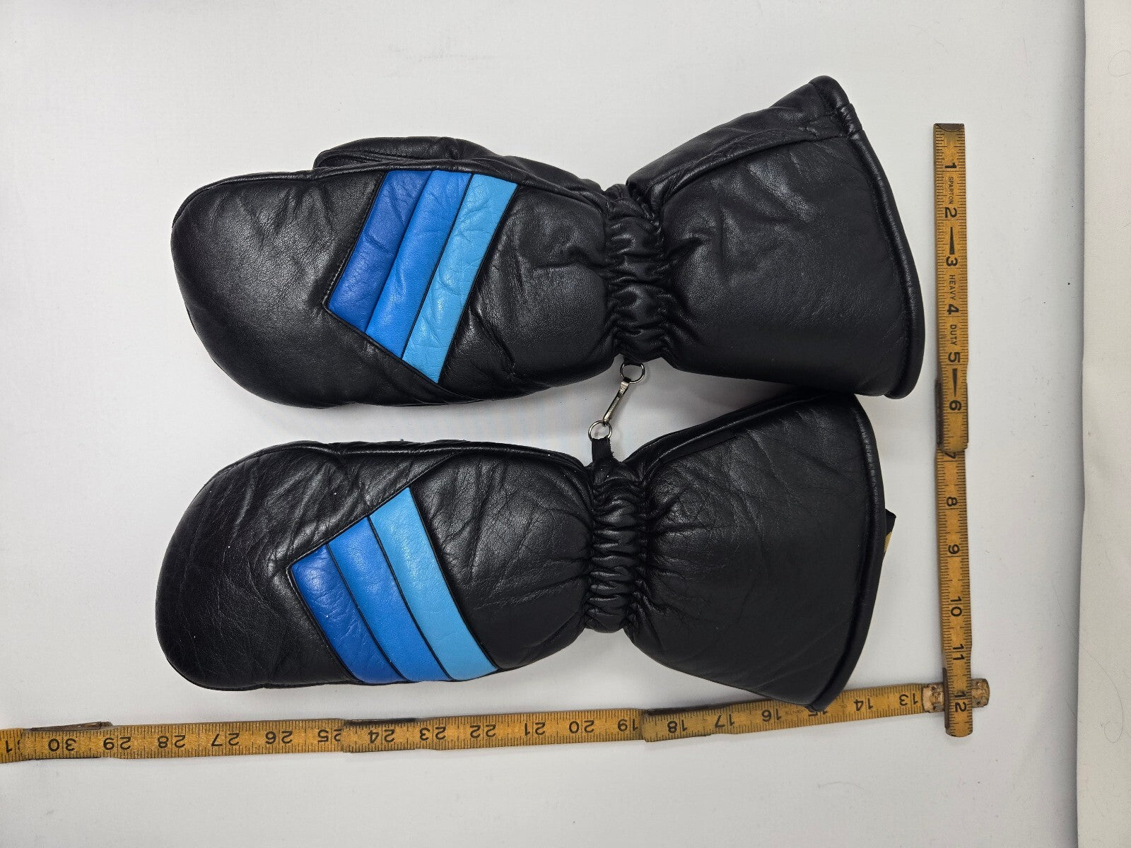 Vintage Kombi Black Leather Ski Mittens Retro Blue Stripes Women's Large