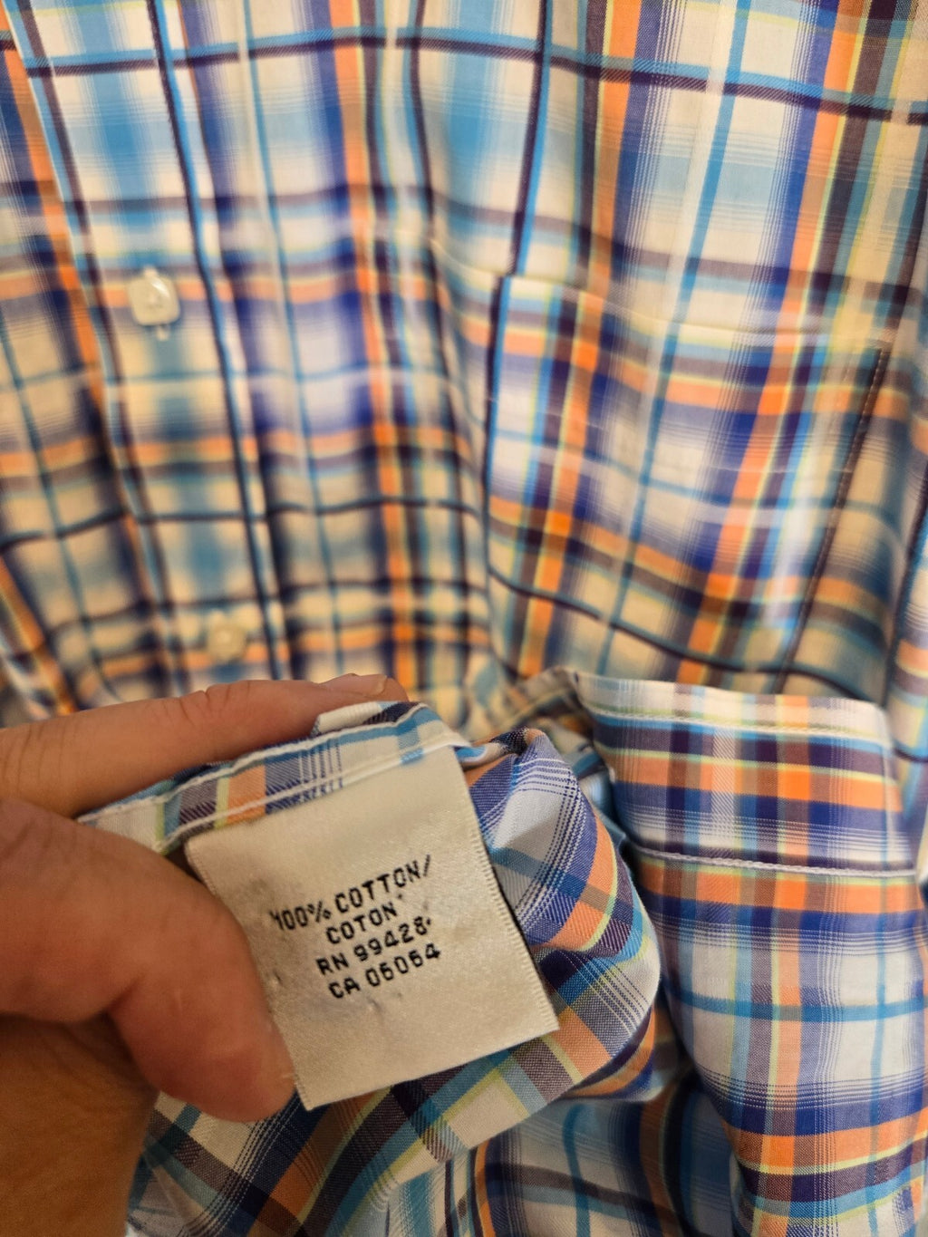 Bugatchi Uomo Mens Long Sleeve Plaid Sport Shirt Blue Orange White Flip Cuff Lrg
