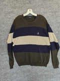 Vintage Izod Crest Logo Sweater Olive Green Navy Tan Block Stripe Grandpa 1990s