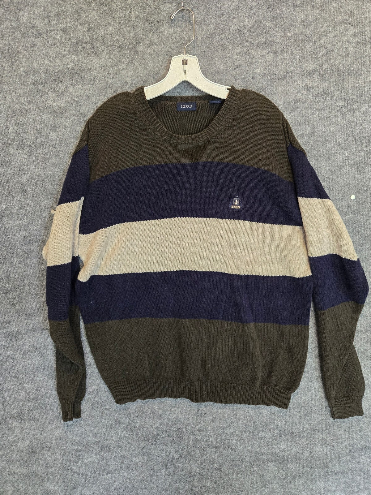 Vintage Izod Crest Logo Sweater Olive Green Navy Tan Block Stripe Grandpa 1990s