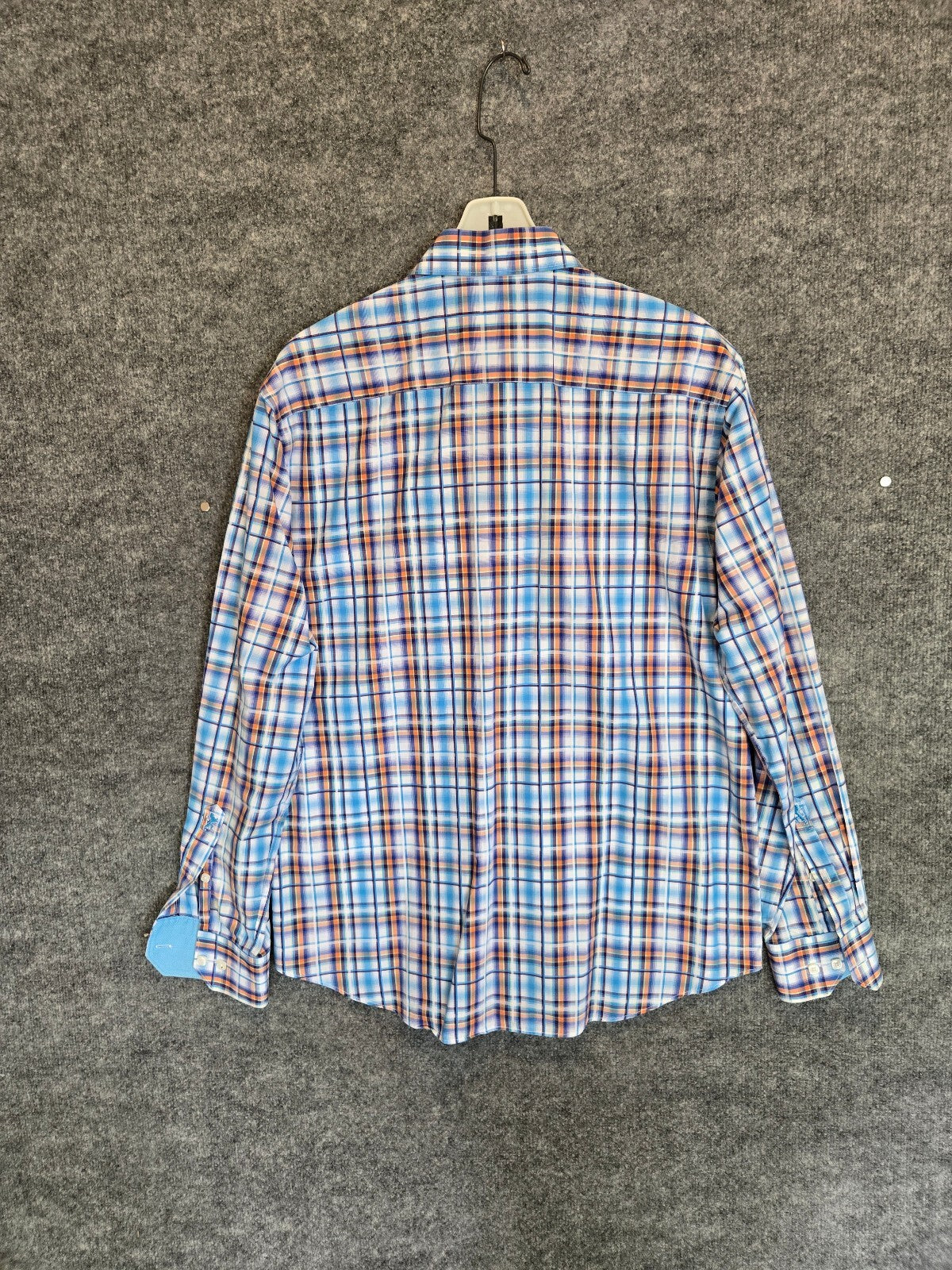 Bugatchi Uomo Mens Long Sleeve Plaid Sport Shirt Blue Orange White Flip Cuff Lrg