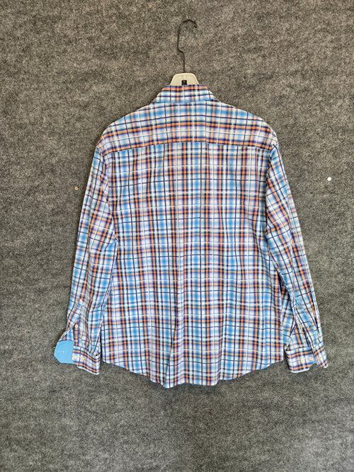 Bugatchi Uomo Mens Long Sleeve Plaid Sport Shirt Blue Orange White Flip Cuff Lrg