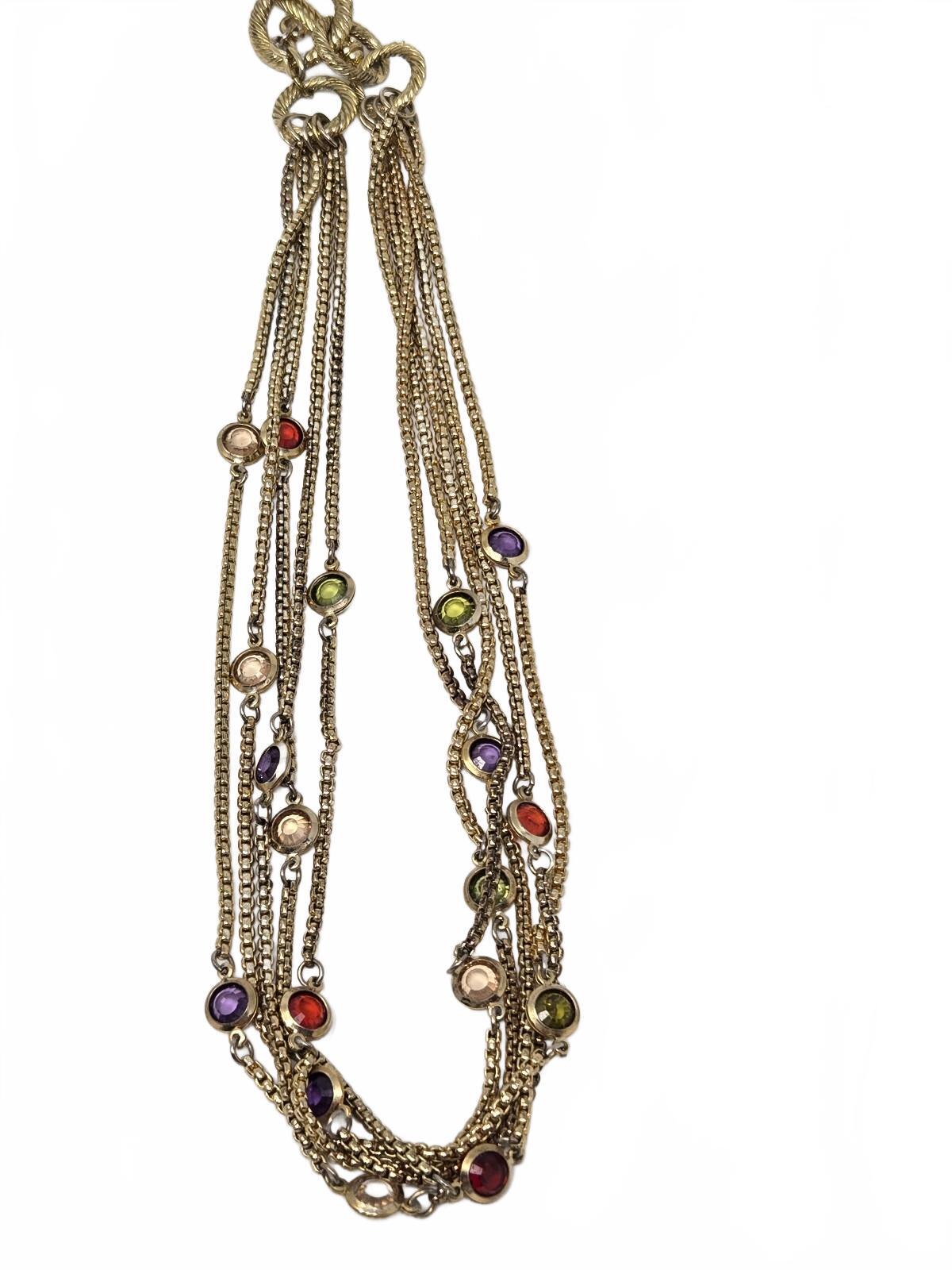 Vintage Gold-Tone Multi-Strand Chain Necklace with Multi-Color Bezel-Set