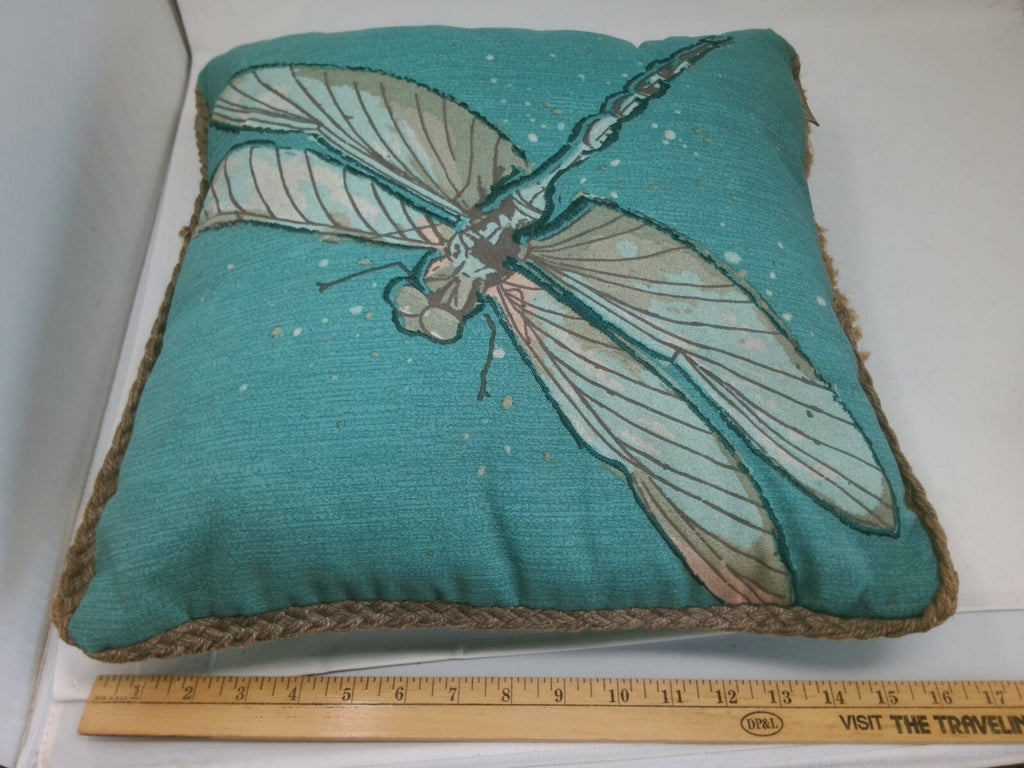 Decorative Dragonfly Accent Pillow with Rope Trim - Teal and Beige