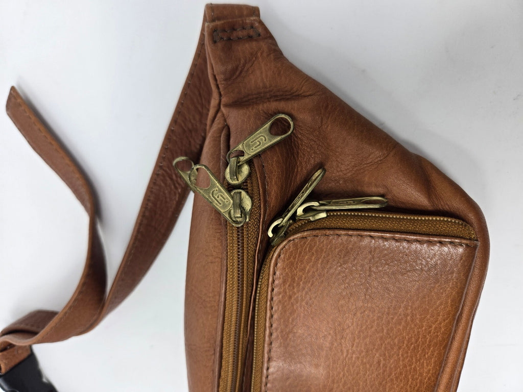 Vintage Pebbled Tan Genuine Leather Multi-Pocket Fanny Pack / Waist Bag