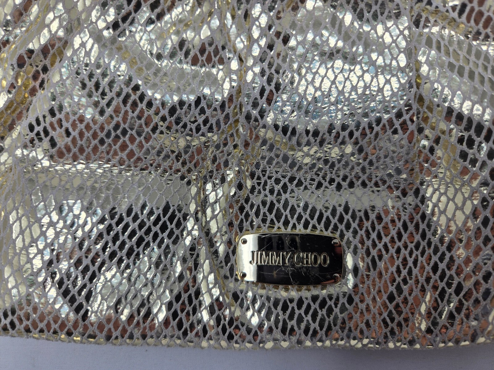 Jimmy Choo Gold Metallic Snake-Embossed Leather Zippered Clutch Pouch with Large