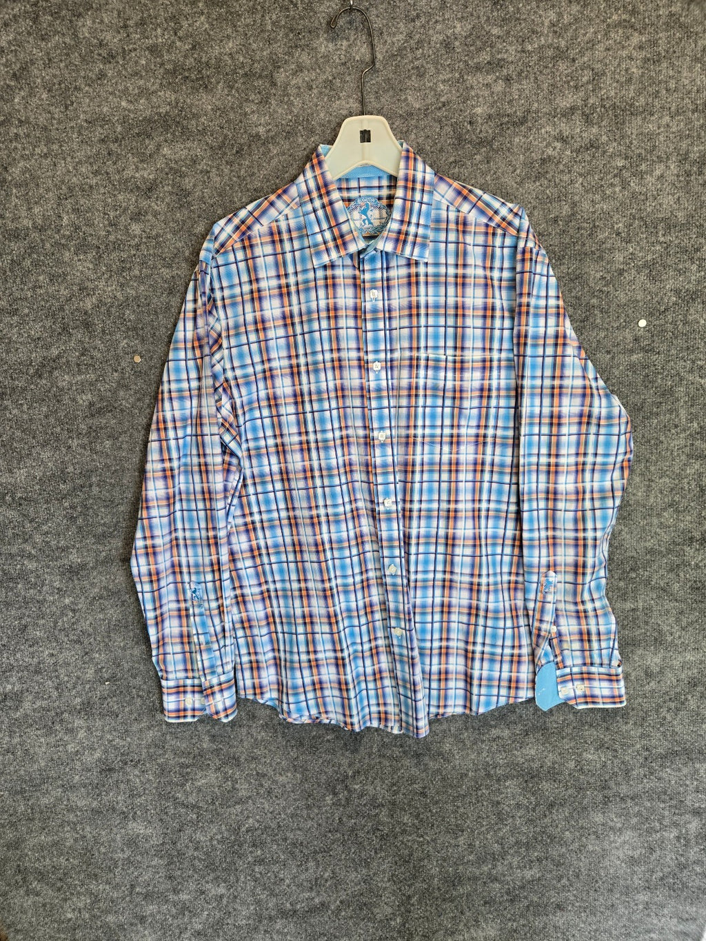 Bugatchi Uomo Mens Long Sleeve Plaid Sport Shirt Blue Orange White Flip Cuff Lrg