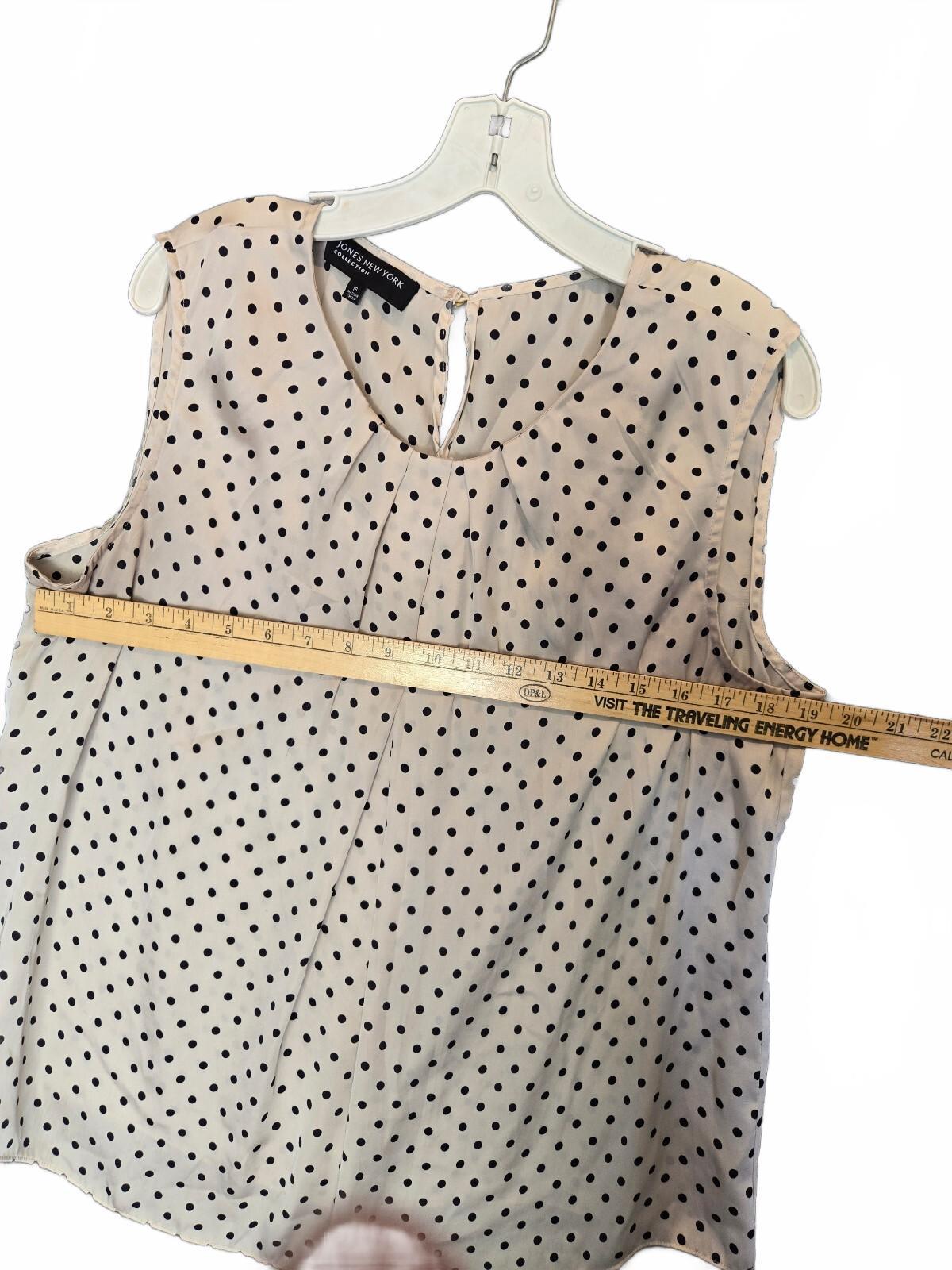 Jones New York Collection Blouse Womens Medium Cream Polka Dot Sleeveless Pleat