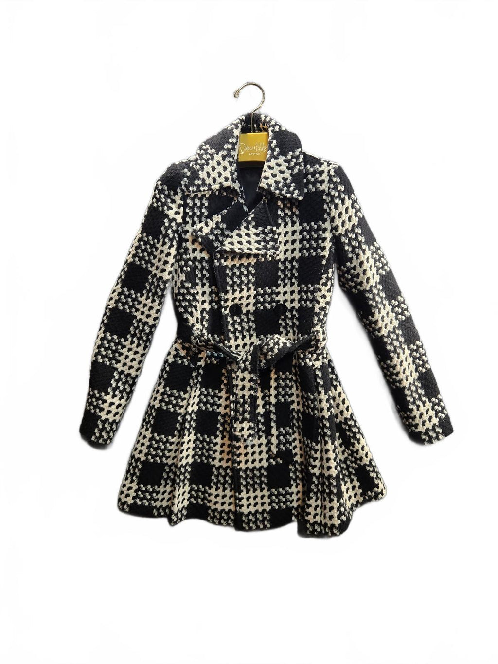 Via Spiga Women's Black and White Plaid Wool Blend Belted Trench Coat Size 4