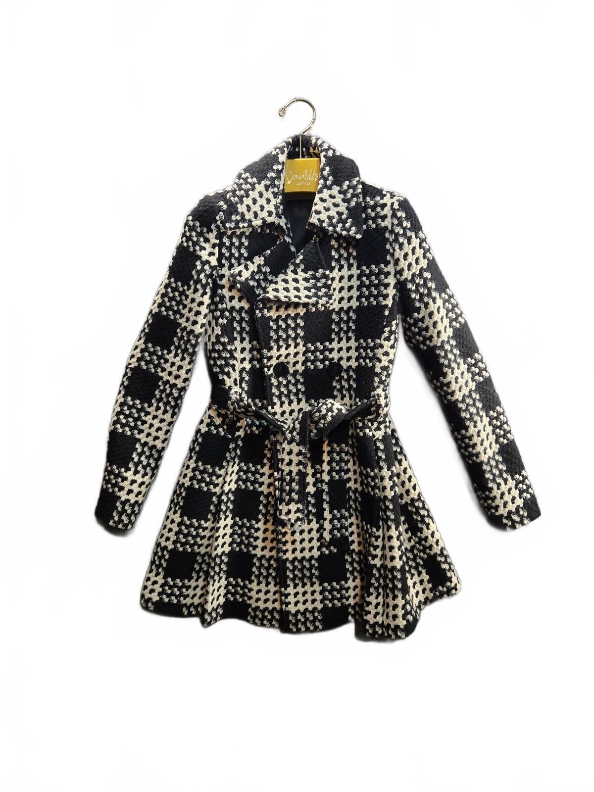 Via Spiga Women's Black and White Plaid Wool Blend Belted Trench Coat Size 4