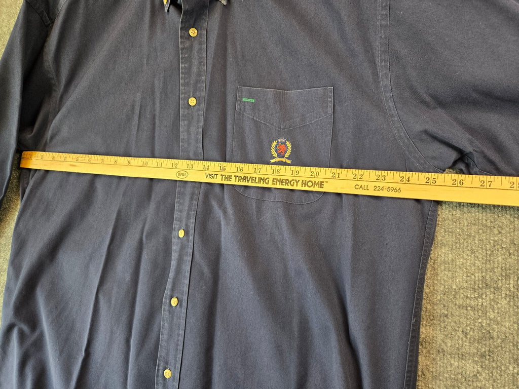 Vintage 90s Tommy Hilfiger Navy Blue Button Down Shirt Crest Logo Men's Large