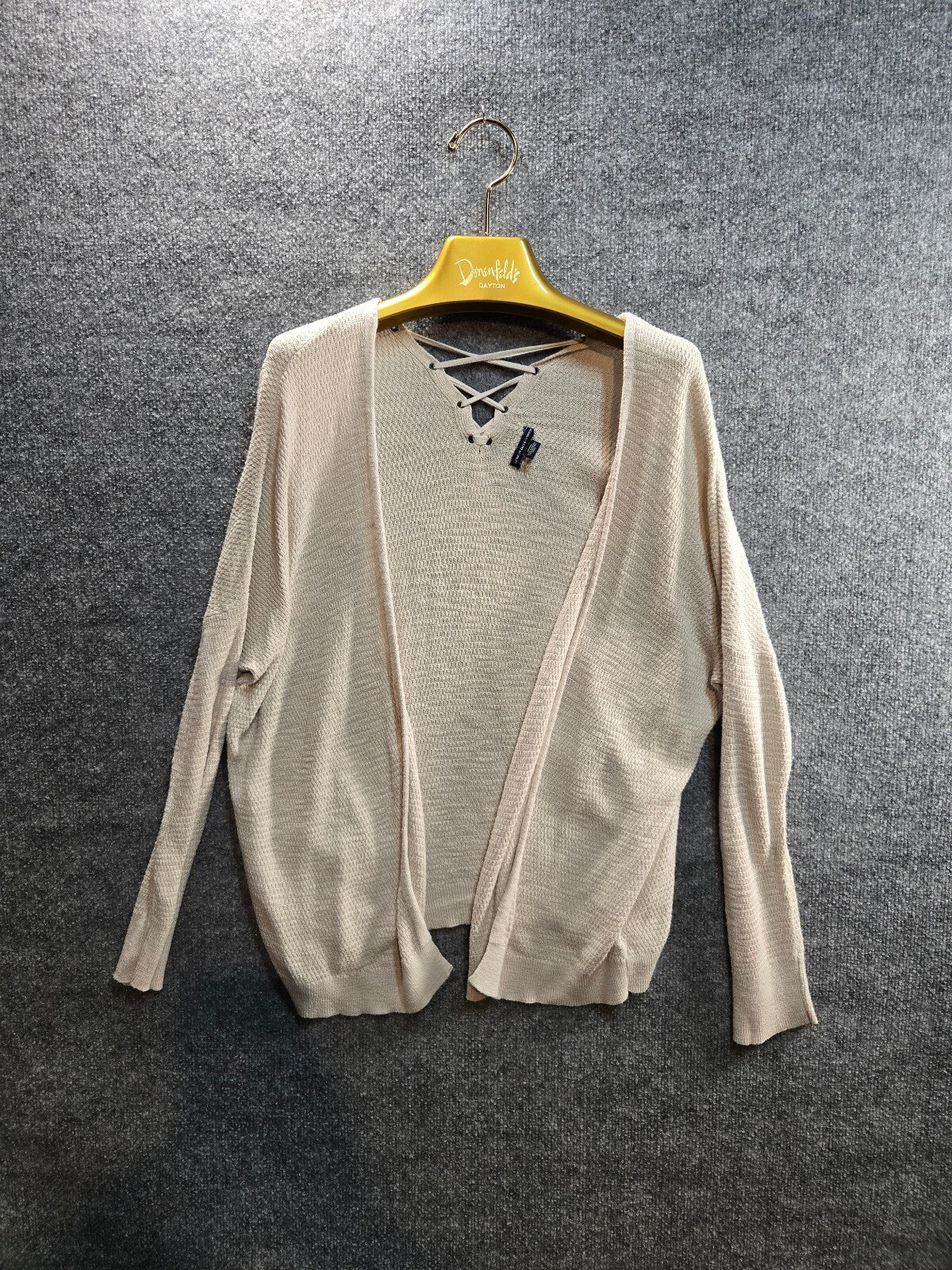 American Eagle Med Light Beige Open Front Knit Cardigan with Crisscross Detail