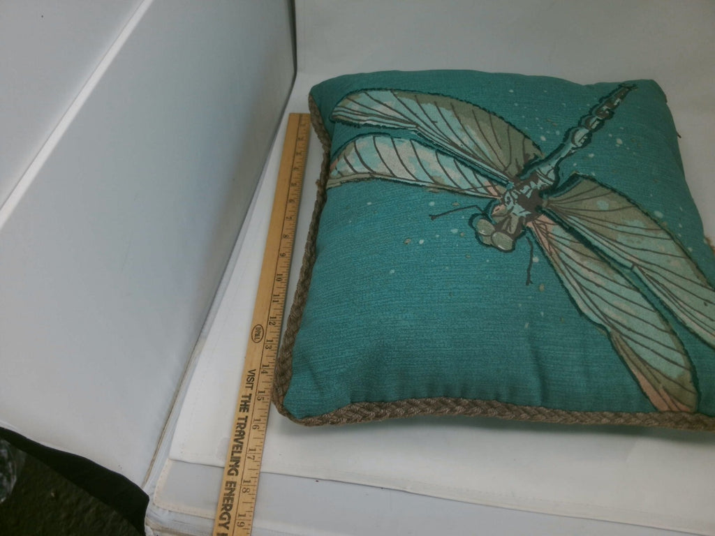 Decorative Dragonfly Accent Pillow with Rope Trim - Teal and Beige