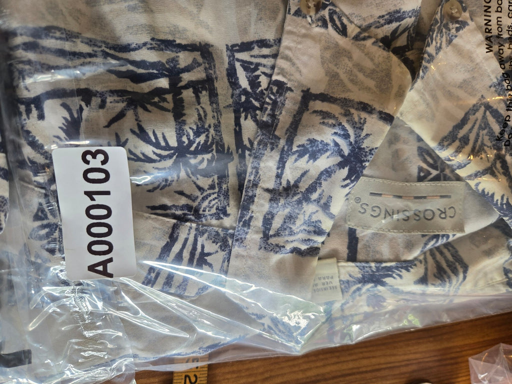 Crossings Men's Hawaiian Shirt Short Sleeve Palm Tree Block Print Blue Beige Lrg