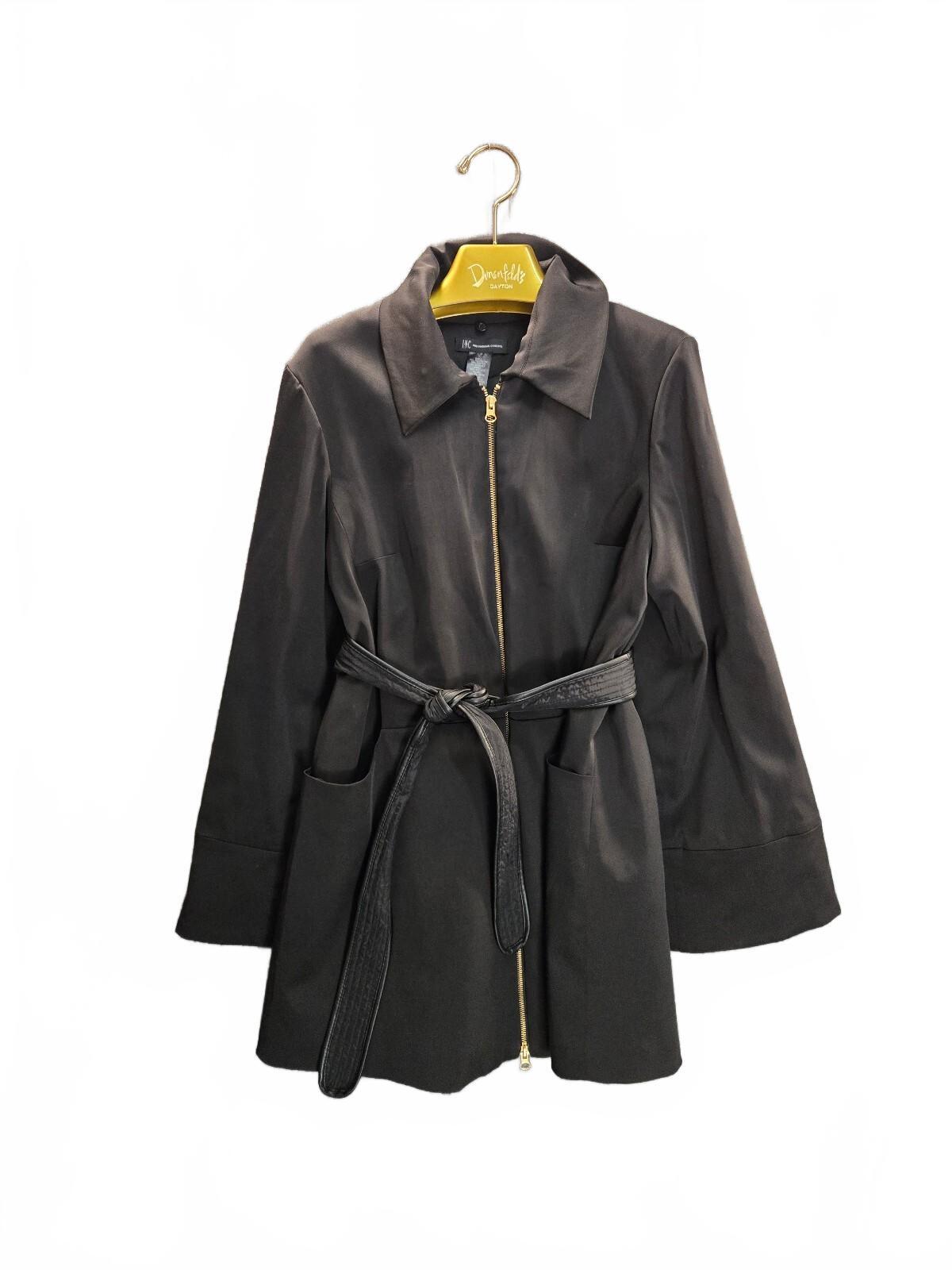 INC International Concepts Black Zip Front Belted Trench Coat Jacket Size L