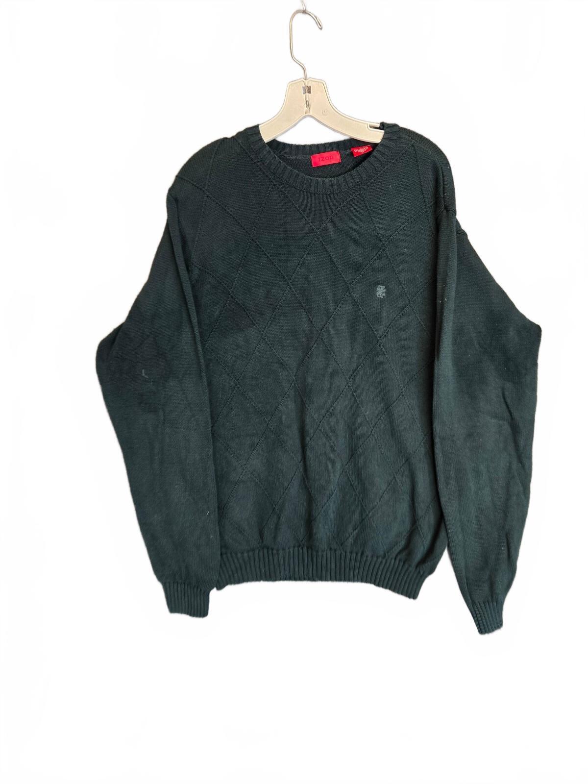 IZOD Hunter Green Cotton Cable Knit Diamond Pattern Crew Neck Sweater Size Med