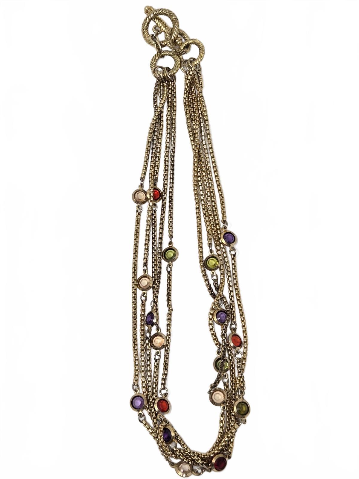 Vintage Gold-Tone Multi-Strand Chain Necklace with Multi-Color Bezel-Set