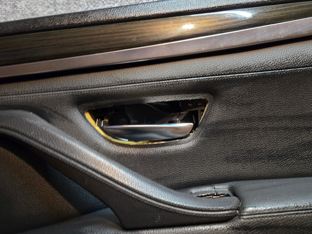 11-16 BMW 5-Series F10 Rear Left Interior Door Panel Black Leather Ash Wood Trim - MISSING HANDLE BEZEL