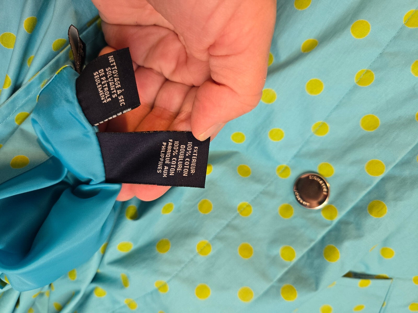 Jones New York Signature Polka Dot Raincoat Aqua Blue Yellow Snap Front Jacket L