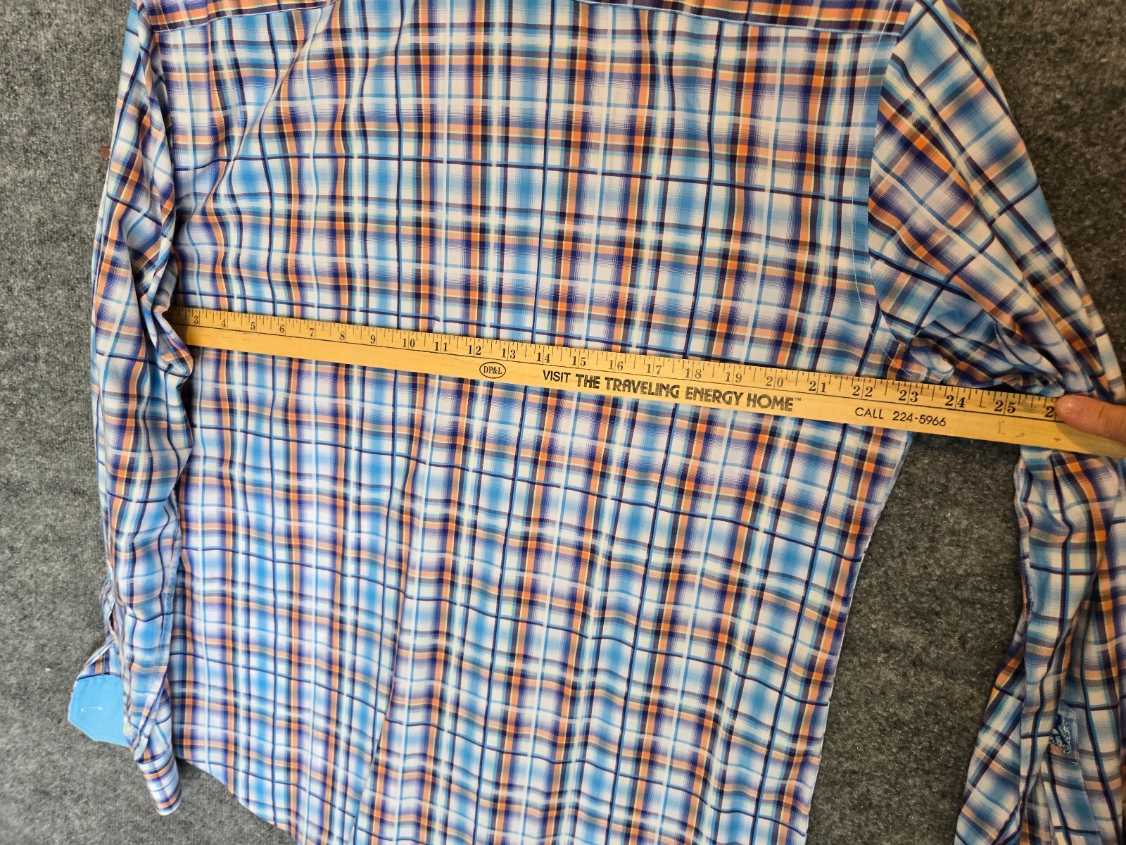 Bugatchi Uomo Mens Long Sleeve Plaid Sport Shirt Blue Orange White Flip Cuff Lrg
