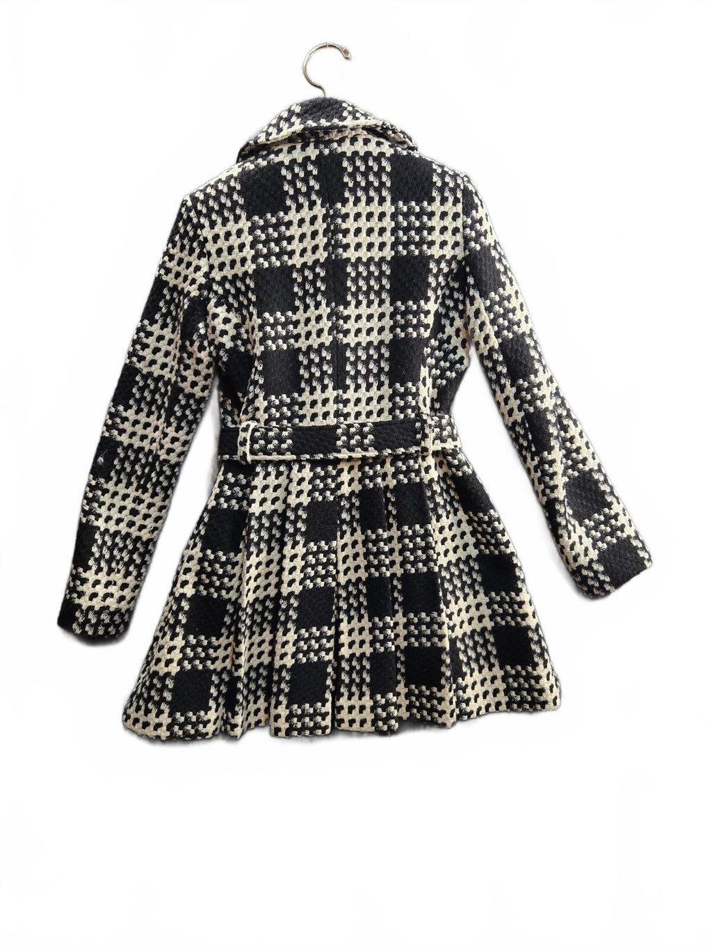 Via Spiga Black White Plaid Boucle Wool Blend Belted Trench Coat Jacket Size 4
