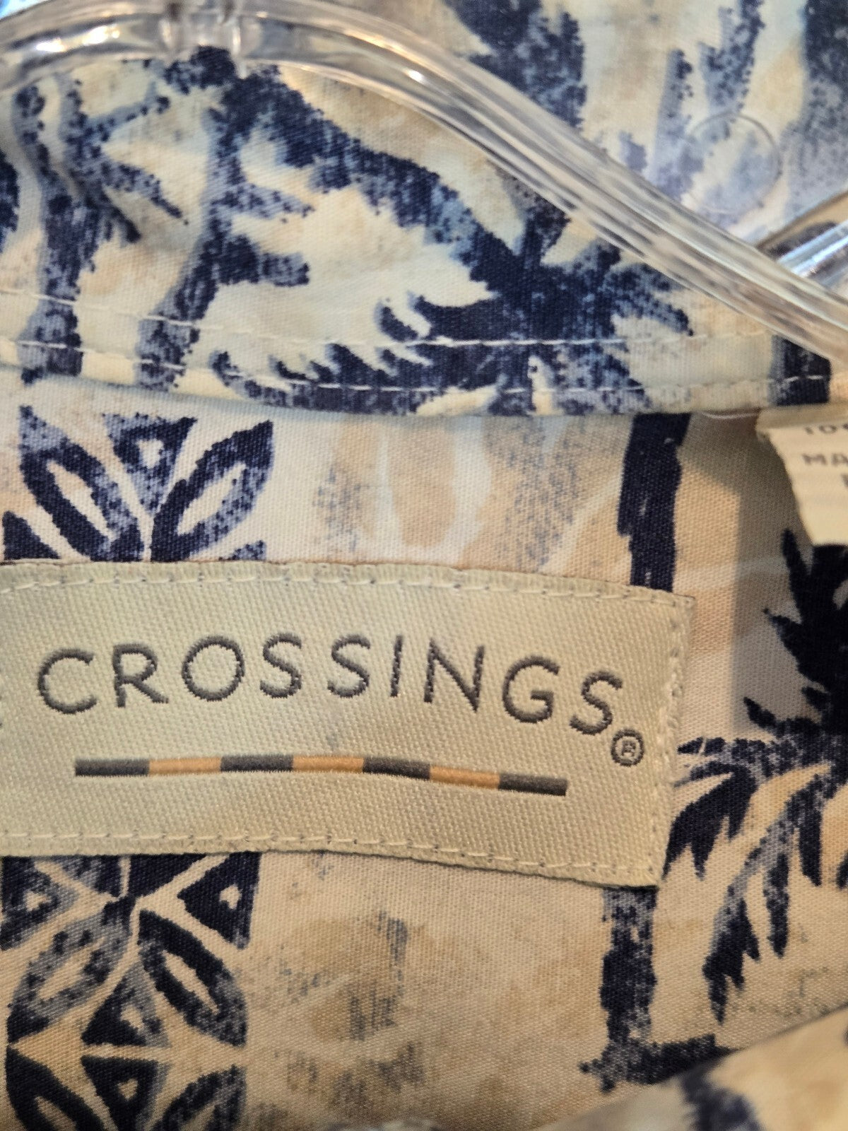 Crossings Men's Hawaiian Shirt Short Sleeve Palm Tree Block Print Blue Beige Lrg