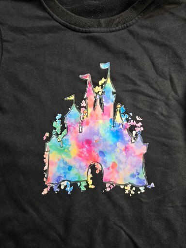 Black Sweatshirt with Colorful Castle Graphic, Size Medium