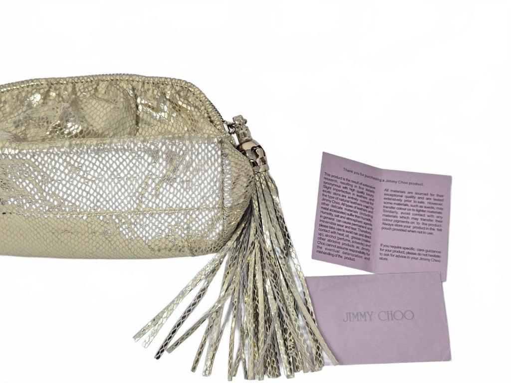 Jimmy Choo Gold Metallic Snake-Embossed Leather Zippered Clutch Pouch with Large