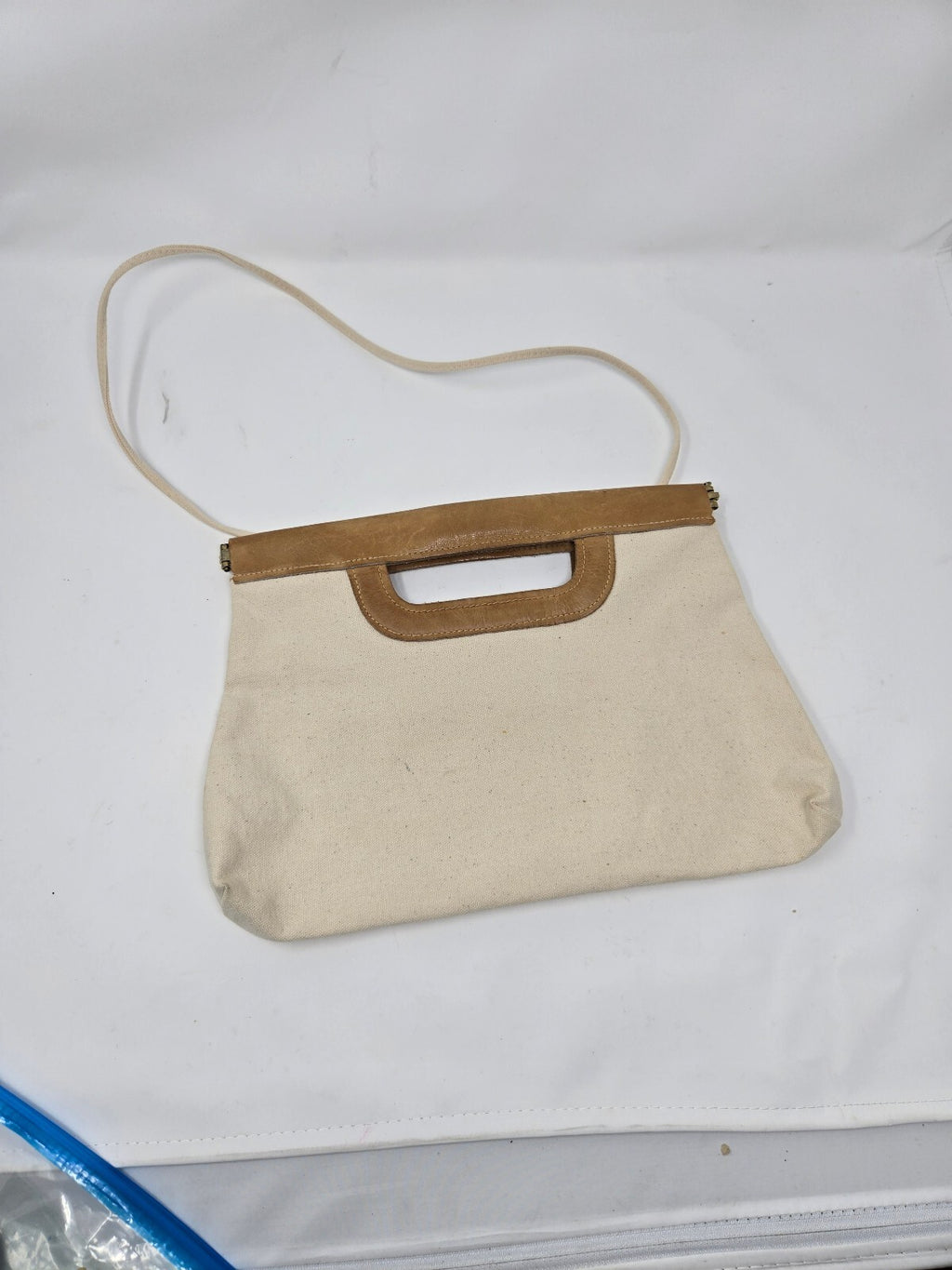 Vintage 1970s Boho Cream Canvas Convertible Clutch Shoulder Bag