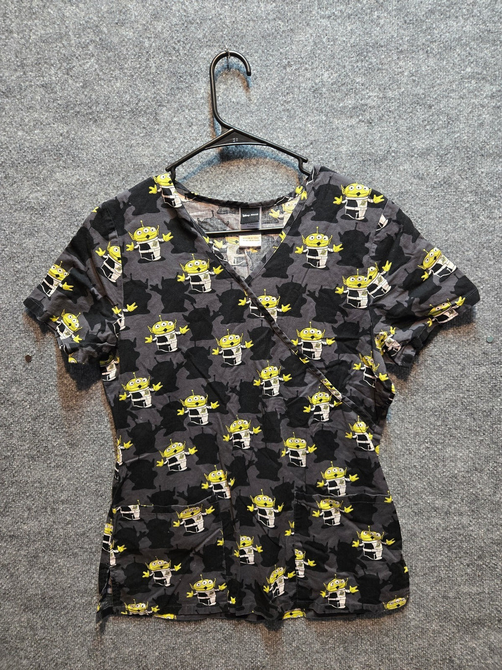 Disney Pixar Toy Story Alien Madness Mock Wrap Scrub Top Black Size Small