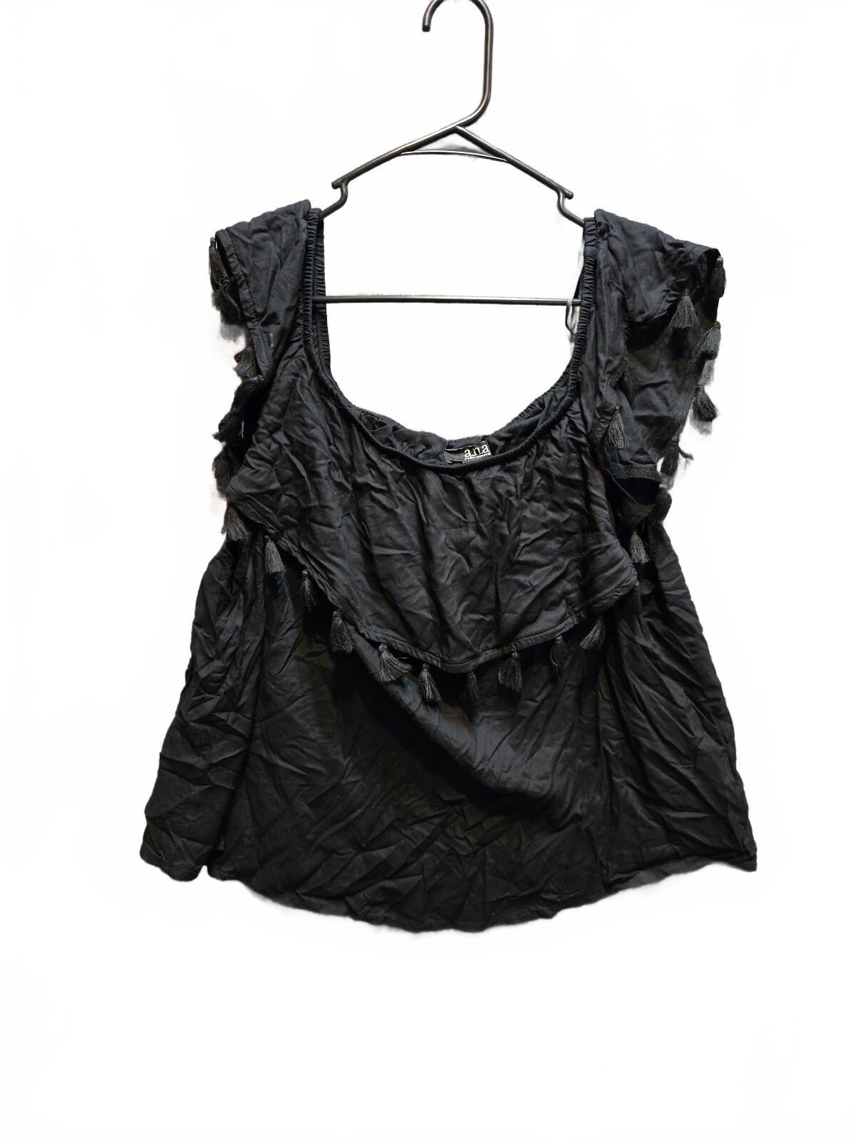 a.n.a Black Boho Ruffle Overlay Flutter Sleeve Blouse Top Tassel Trim XL