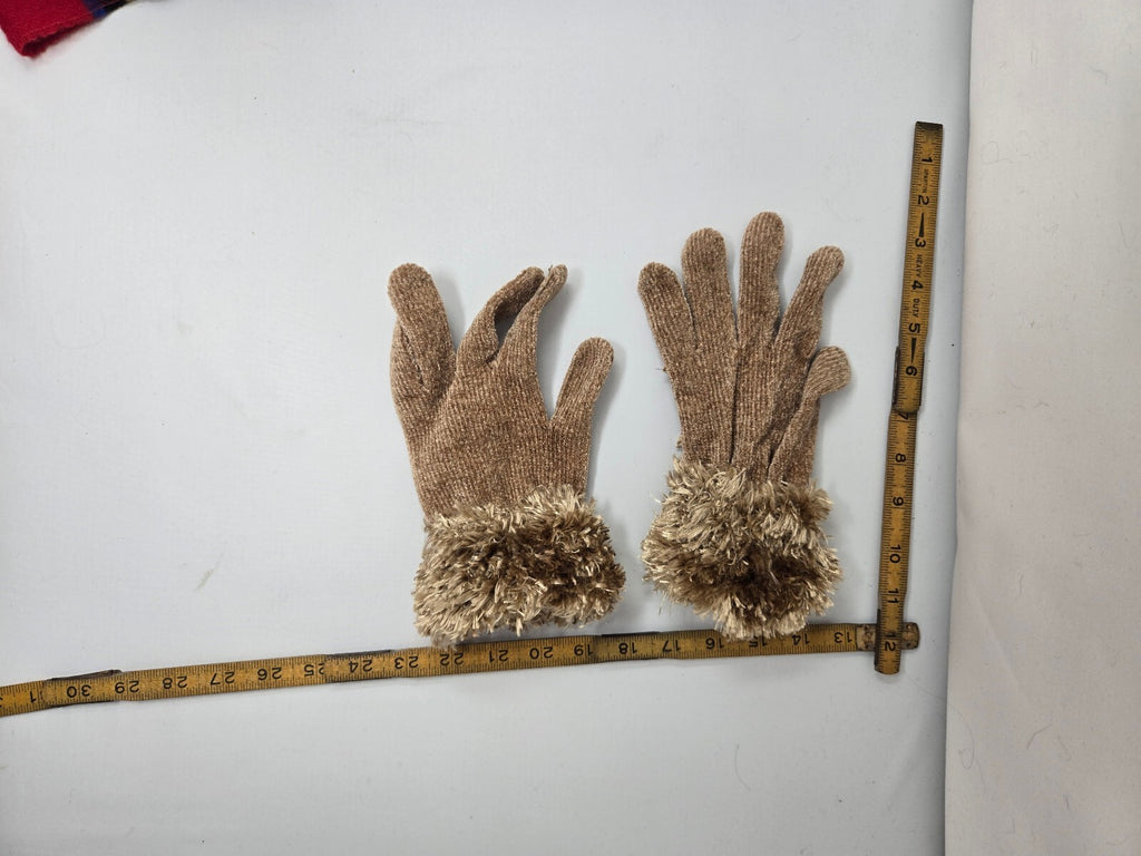 Cejon Taupe Brown Knit Gloves Faux Fur Eyelash Trim Cuffs Soft Rayon Blend OSFM