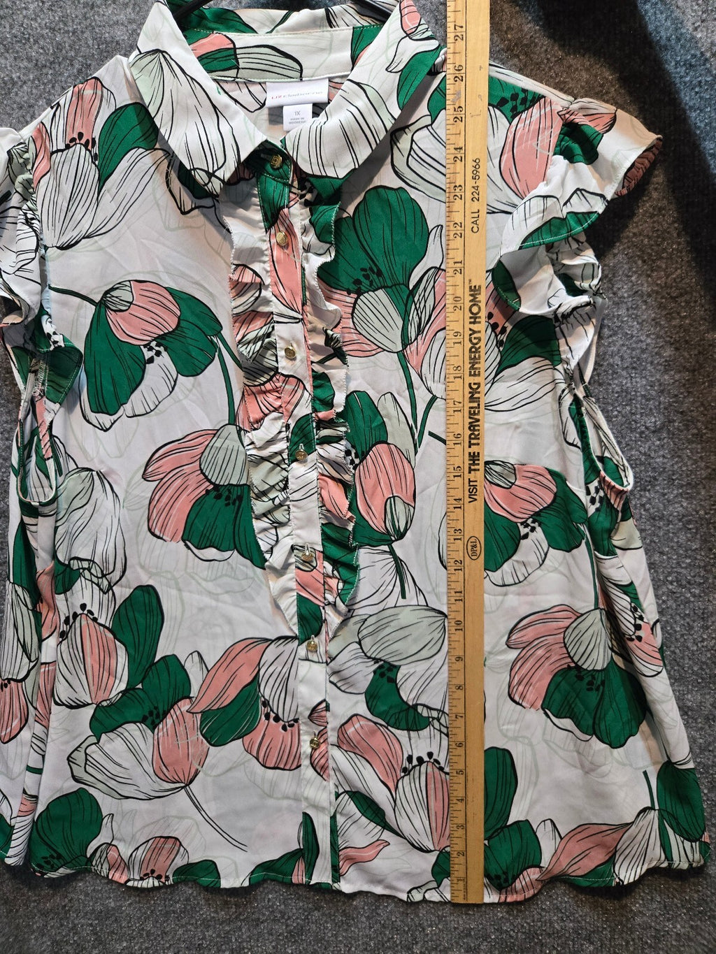 Liz Claiborne Floral Ruffle Button Down Blouse Top Pink Green Plus Size 1X