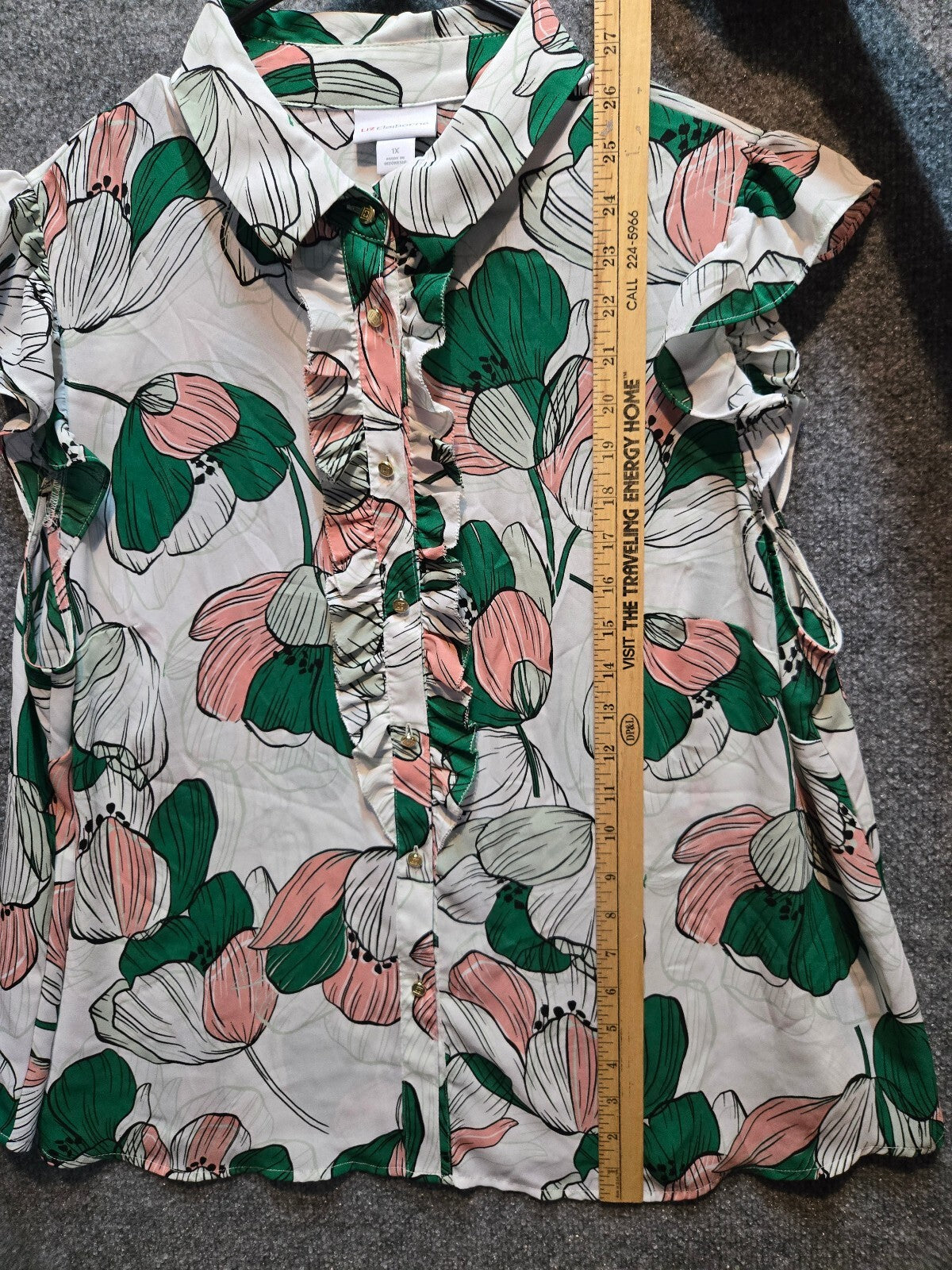 Liz Claiborne Floral Ruffle Button Down Blouse Top Pink Green Plus Size 1X