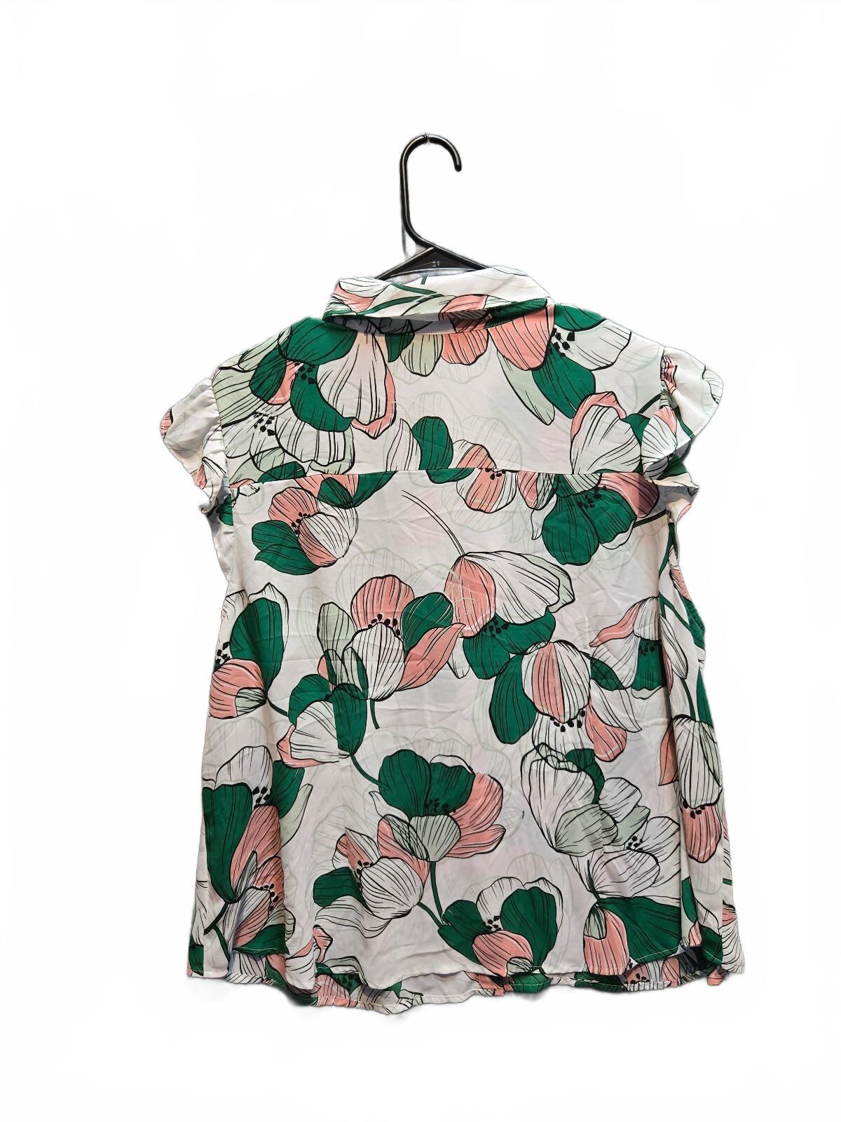Liz Claiborne Floral Ruffle Button Down Blouse Top Pink Green Plus Size 1X