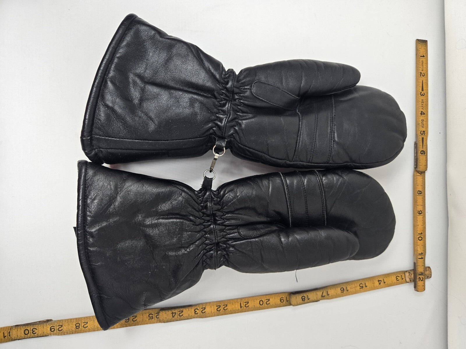 Vintage Kombi Black Leather Ski Mittens Retro Blue Stripes Women's Large