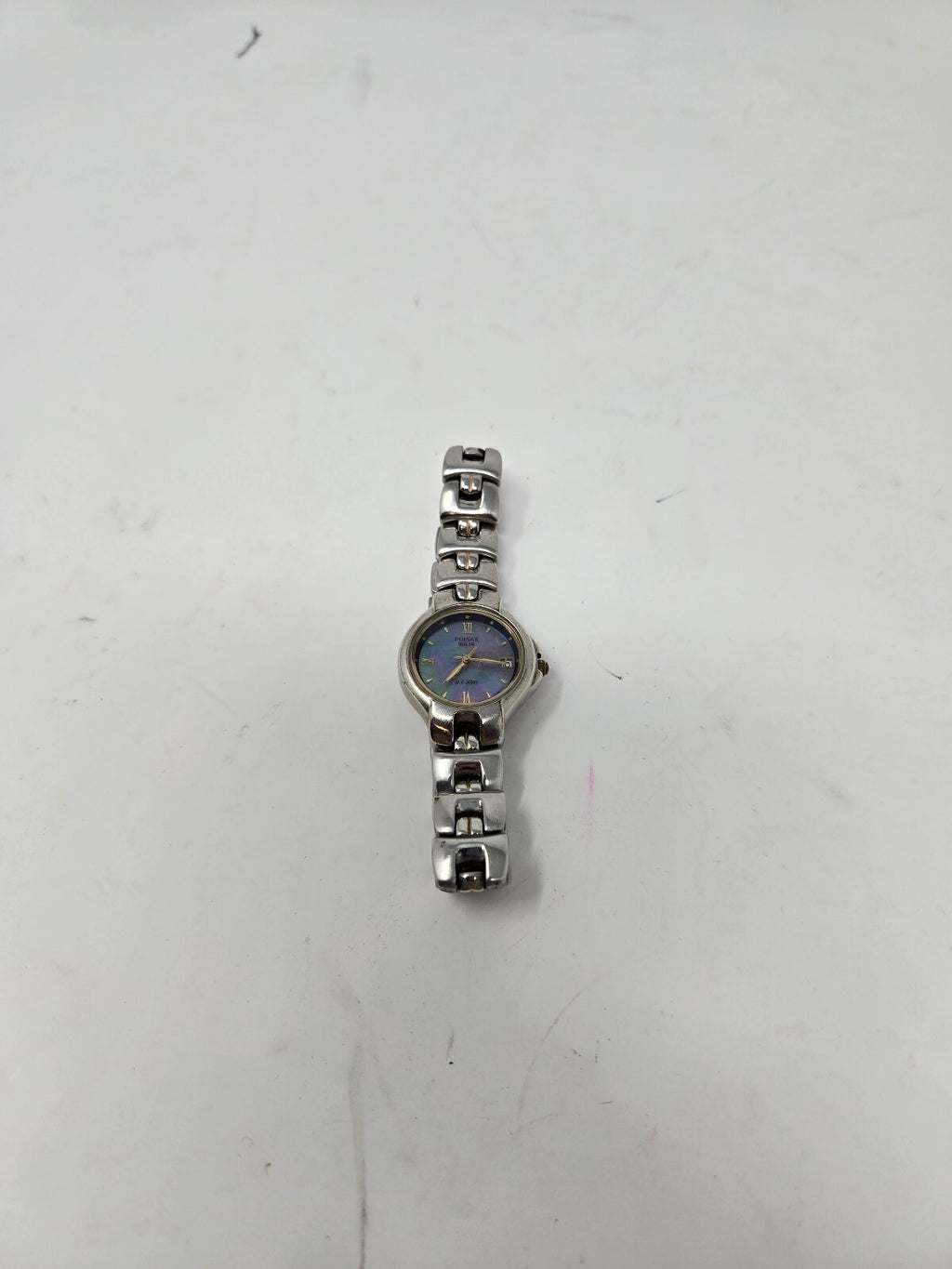 Vintage Pulsar Solar Ladies Watch – Silver Tone Link Bracelet, Blue Purple