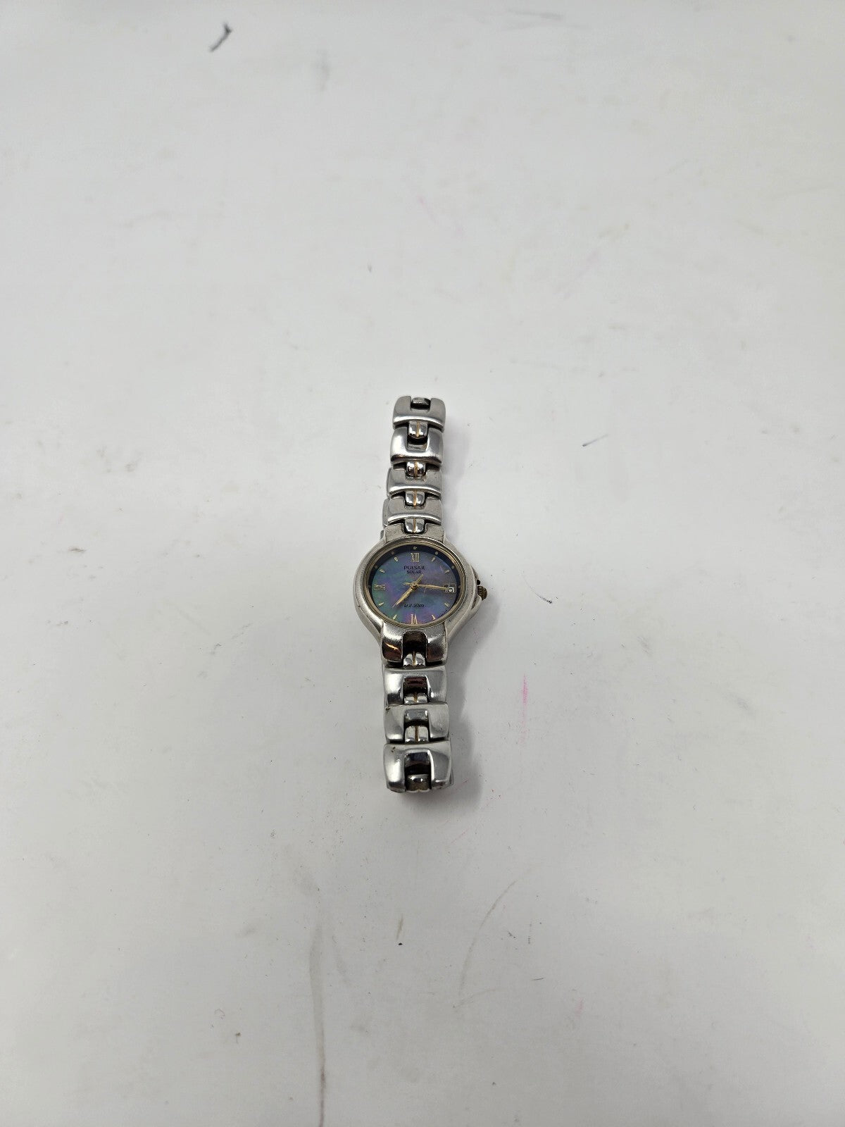 Vintage Pulsar Solar Ladies Watch – Silver Tone Link Bracelet, Blue Purple