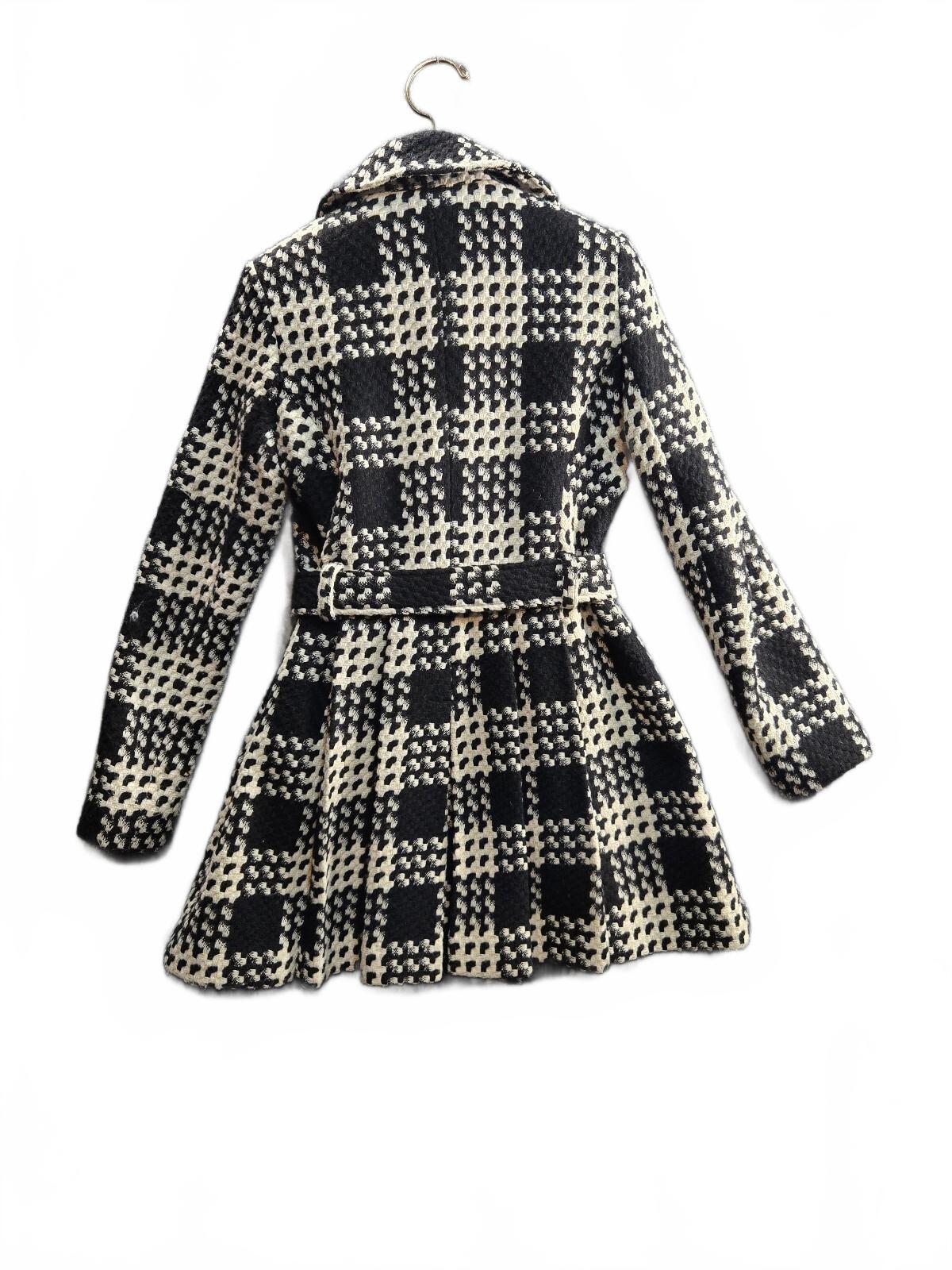 Via Spiga Women's Black and White Plaid Wool Blend Belted Trench Coat Size 4