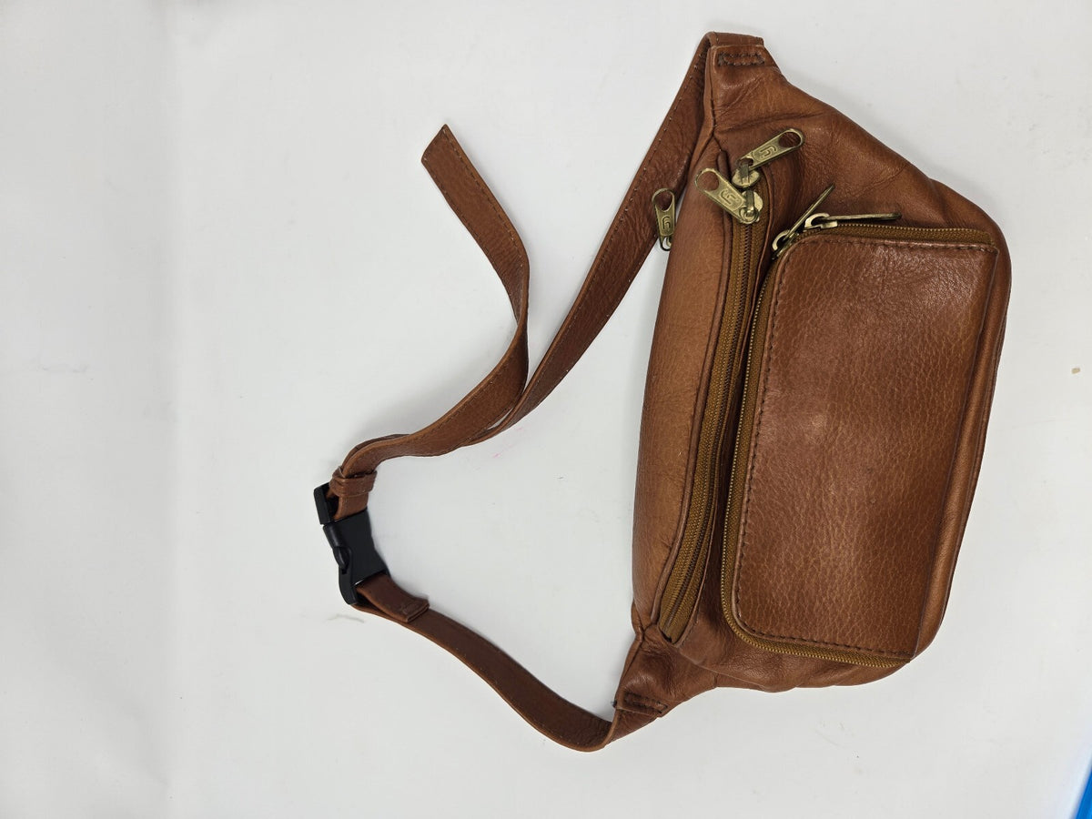 Vintage Pebbled Tan Genuine Leather Multi-Pocket Fanny Pack / Waist Bag