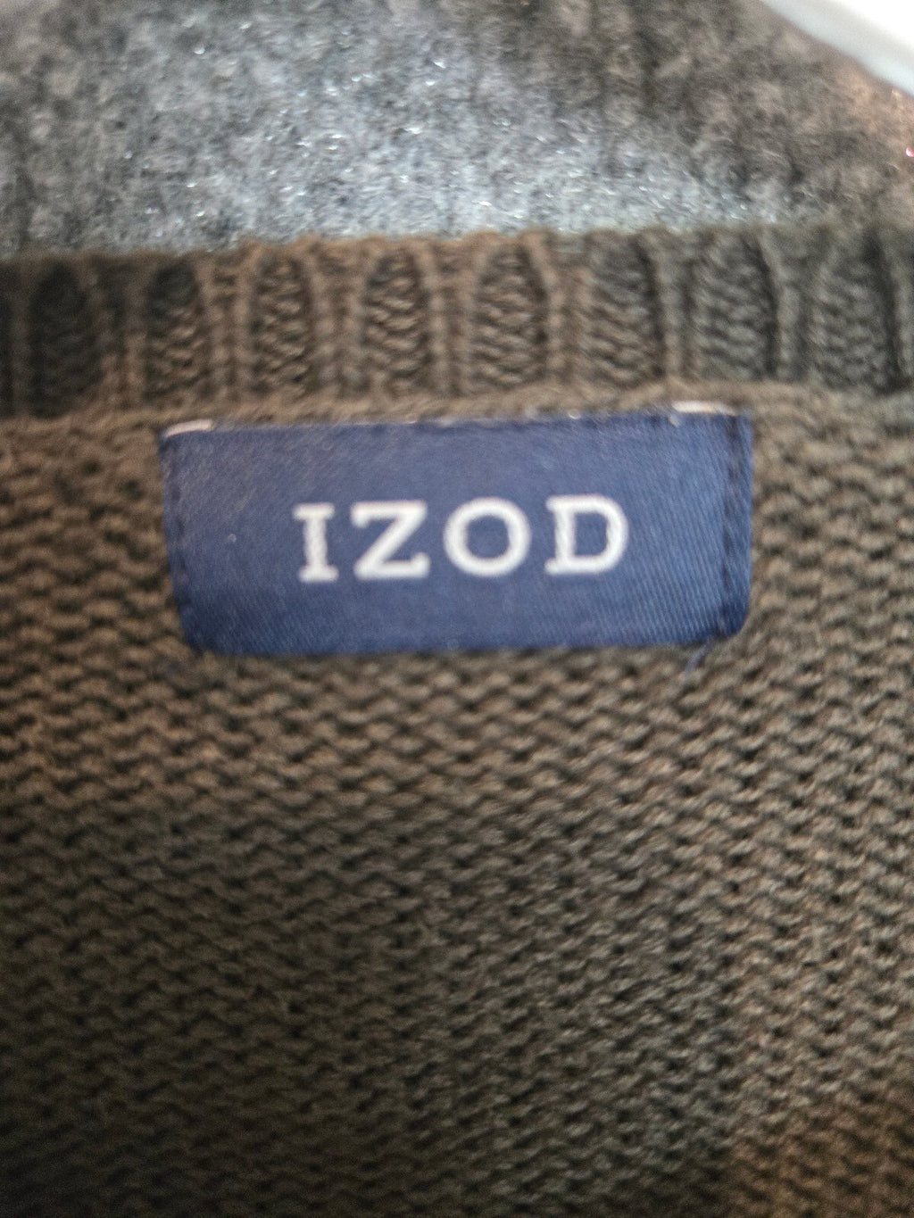 Vintage Izod Crest Logo Sweater Olive Green Navy Tan Block Stripe Grandpa 1990s
