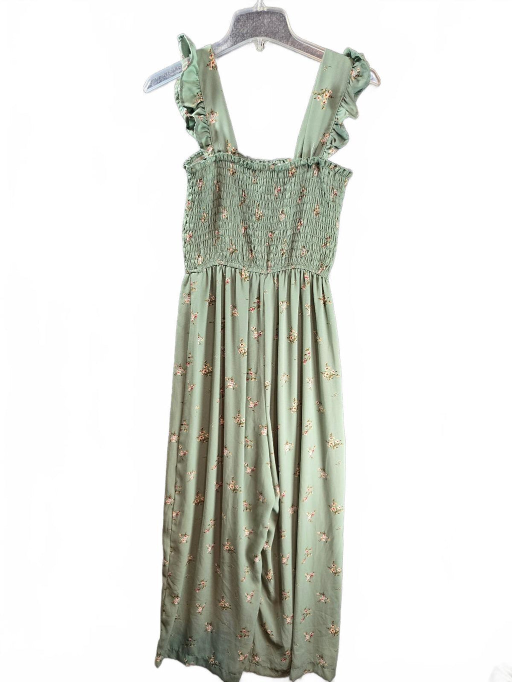 Floral Smocked Bodice Ruffle Strap Wide Leg Jumpsuit Sage Green