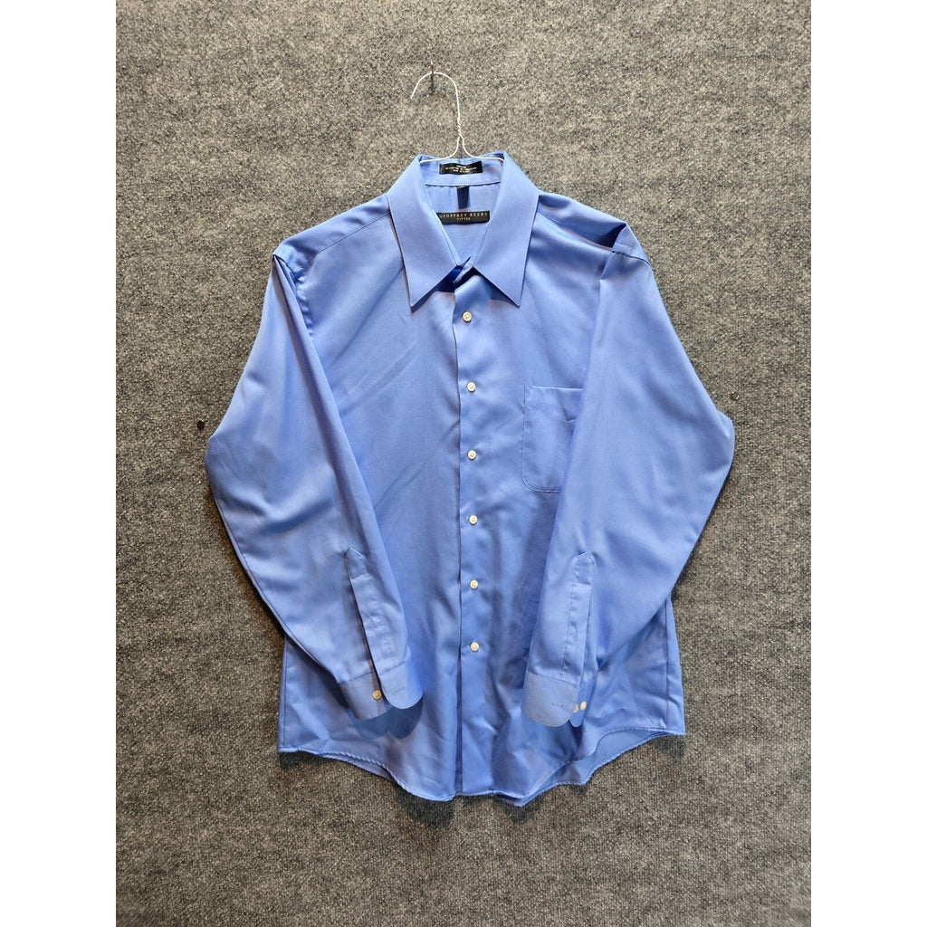 Geoffrey Beene Men's Dress Shirt Large 16 32/33 Blue Sateen Wrinkle Free LARGE