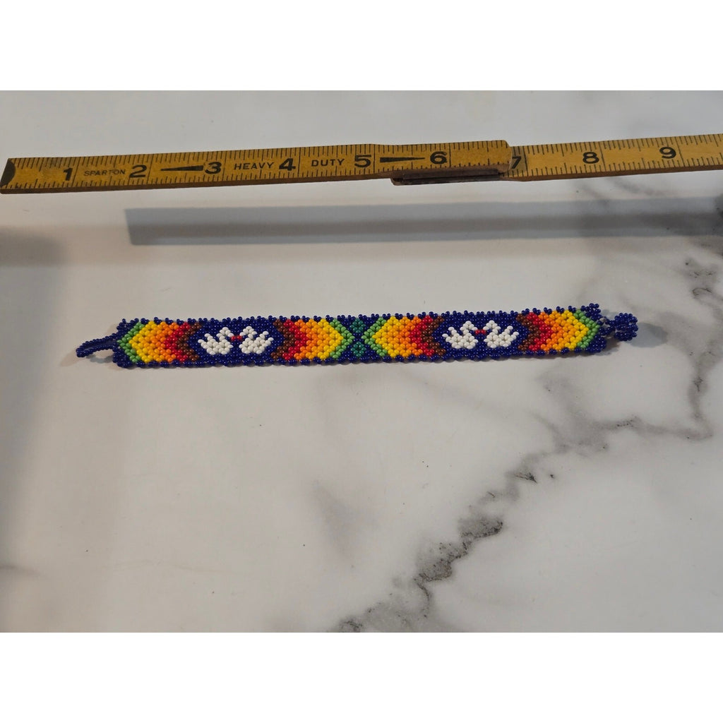 Vintage Native American Style Beaded Cuff Bracelet with Peyote Bird and Geometrx